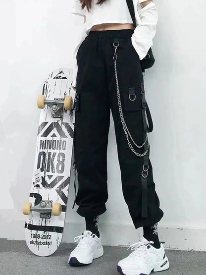 Women's Harajuku High-Waist Cargo Joggers – Punk Harem Pants with Chain & Pockets