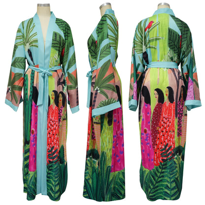 New Elegant Japanese Kimono Robe with Obi – Floral Print Silk Yukata Pajamas for Women