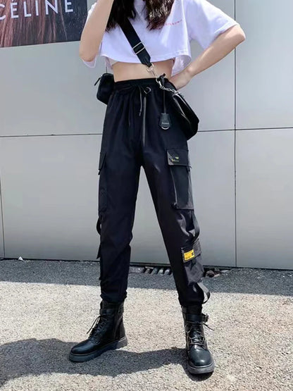 Women's Harajuku High-Waist Cargo Joggers – Punk Harem Pants with Chain & Pockets