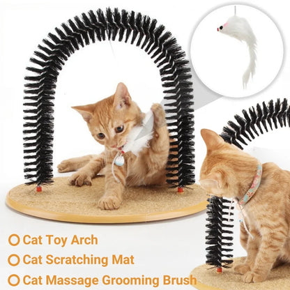 Cat Arch Toy with Massage Brush & Hanging Plush Mice – Grooming & Scratching Mat Combo