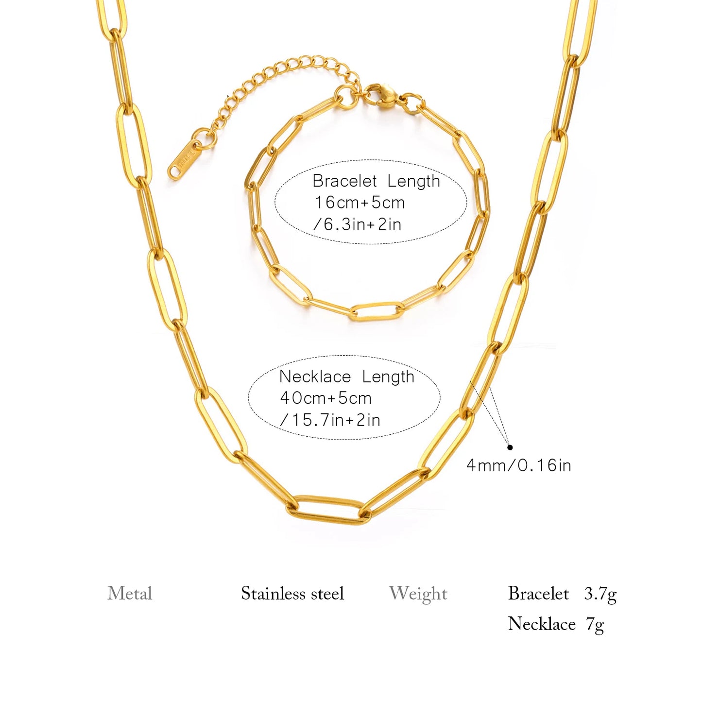 Minimalist Gold Chain Necklace & Chunky Paperclip Bracelet – Waterproof Stainless Steel Jewelry Gift