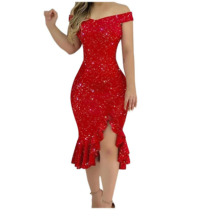 Elegant Off-Shoulder Sequin Ruffle Dress – Summer Irregular Hem Party Dress for Women