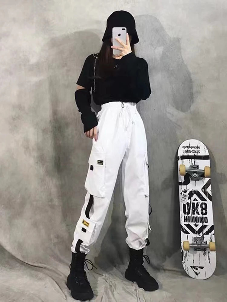 Women's Harajuku High-Waist Cargo Joggers – Punk Harem Pants with Chain & Pockets
