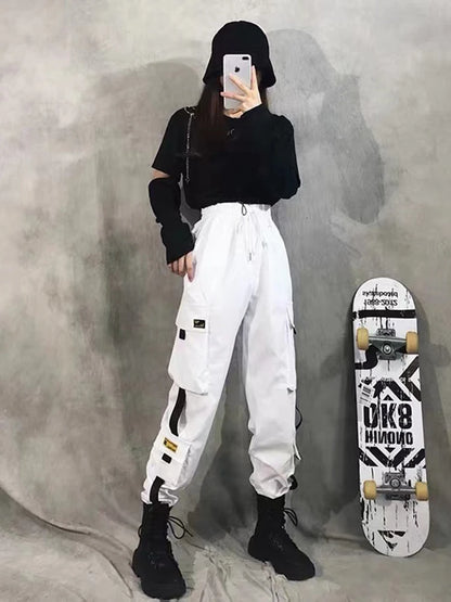 Women's Harajuku High-Waist Cargo Joggers – Punk Harem Pants with Chain & Pockets