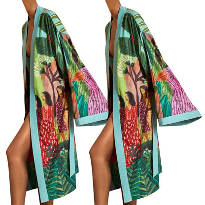 New Elegant Japanese Kimono Robe with Obi – Floral Print Silk Yukata Pajamas for Women