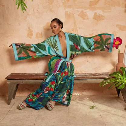 New Elegant Japanese Kimono Robe with Obi – Floral Print Silk Yukata Pajamas for Women