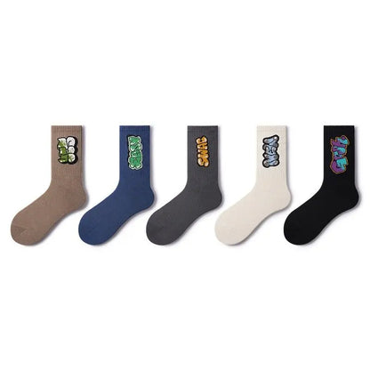 5-Pack Men's Multicolor Crew Socks – Street Style, Breathable, Moisture-Wicking