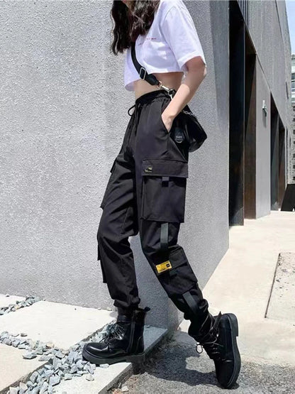 Women's Harajuku High-Waist Cargo Joggers – Punk Harem Pants with Chain & Pockets