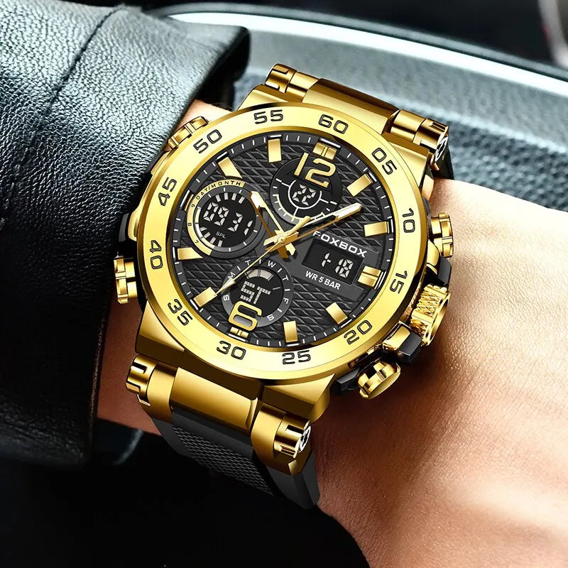 FOXBOX Men’s Luxury Chronograph Watch – Waterproof Sport Diver & Business Timepiece with Gift Box