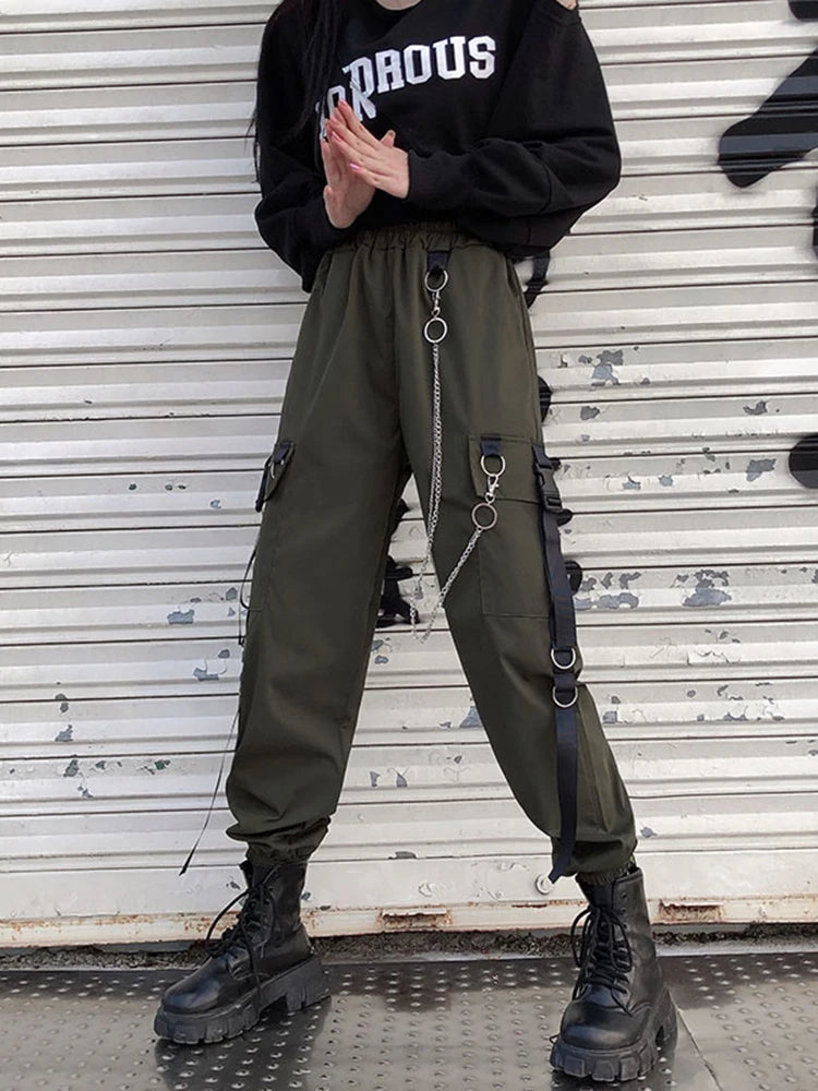 Women's Harajuku High-Waist Cargo Joggers – Punk Harem Pants with Chain & Pockets
