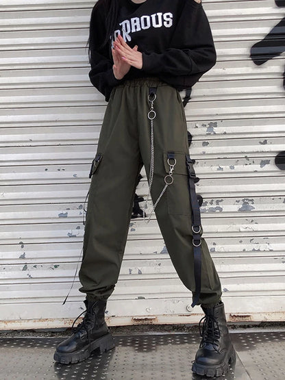 Women's Harajuku High-Waist Cargo Joggers – Punk Harem Pants with Chain & Pockets