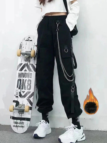 Women's Harajuku High-Waist Cargo Joggers – Punk Harem Pants with Chain & Pockets