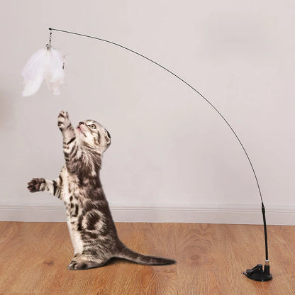 Interactive Cat Wand Toy with Suction Cup – Hands-Free Feather Teaser for Kittens & Cats