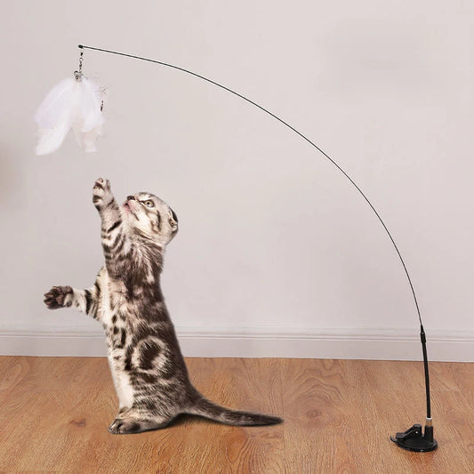 Interactive Cat Wand Toy with Suction Cup – Hands-Free Feather Teaser for Kittens & Cats