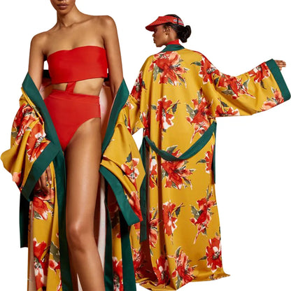 New Elegant Japanese Kimono Robe with Obi – Floral Print Silk Yukata Pajamas for Women