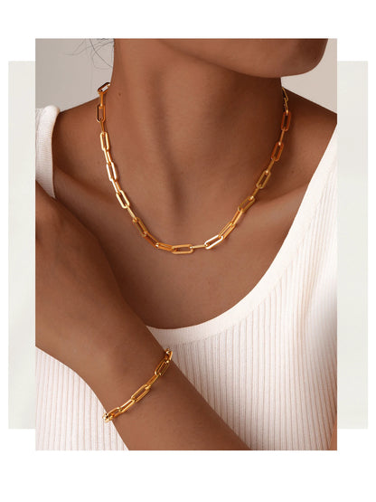 Minimalist Gold Chain Necklace & Chunky Paperclip Bracelet – Waterproof Stainless Steel Jewelry Gift