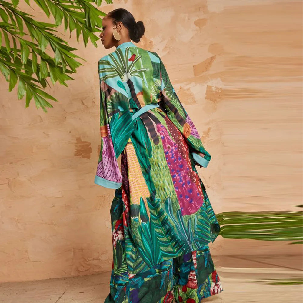 New Elegant Japanese Kimono Robe with Obi – Floral Print Silk Yukata Pajamas for Women