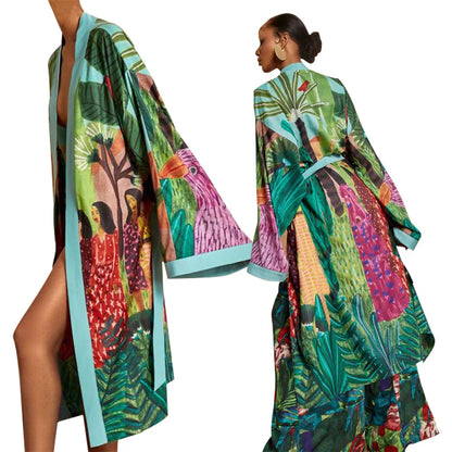New Elegant Japanese Kimono Robe with Obi – Floral Print Silk Yukata Pajamas for Women
