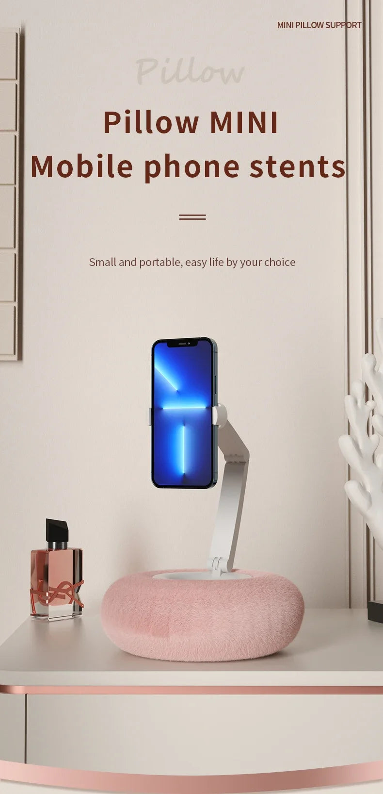 Compact pillow-style phone holder with soft pink base for mobile devices – lightweight and portable desk stand by BeTrendy