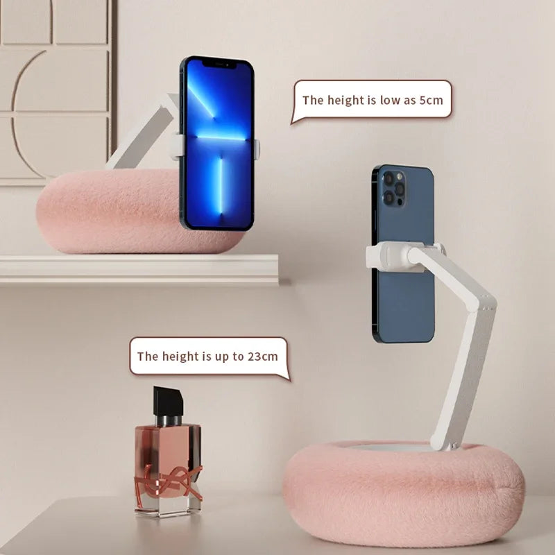 Adjustable height phone holder with soft pink base for desk or vanity – extendable from 5cm to 23cm, perfect for hands-free use by BeTrendy