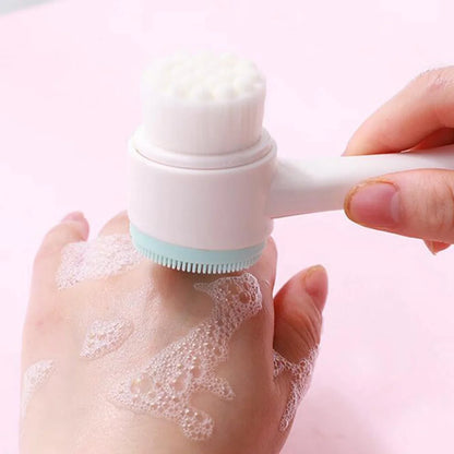 Double-sided silicone face brush with soft bristles being used to lather and cleanse hand skin – gentle exfoliating tool for skincare routine by BeTrendy