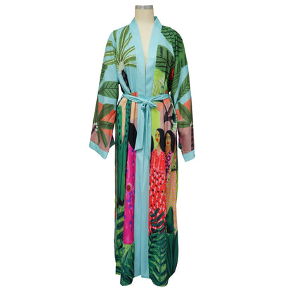 New Elegant Japanese Kimono Robe with Obi – Floral Print Silk Yukata Pajamas for Women