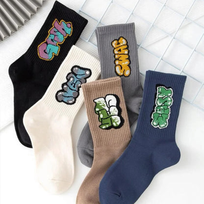 5-Pack Men's Multicolor Crew Socks – Street Style, Breathable, Moisture-Wicking