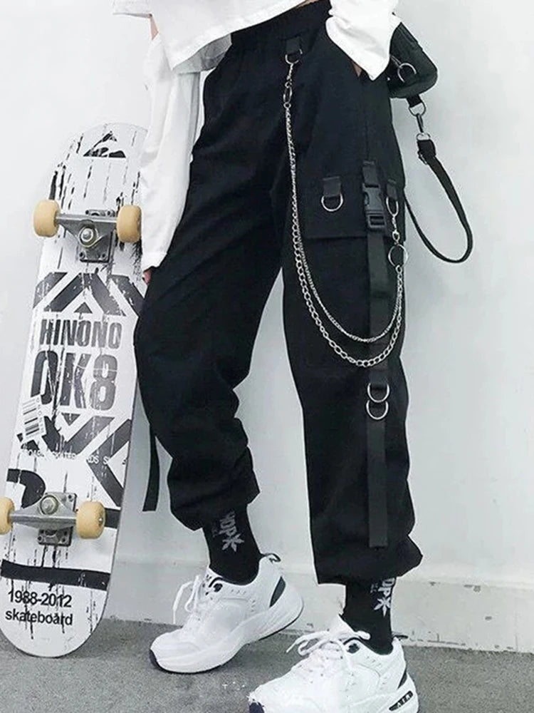 Women's Harajuku High-Waist Cargo Joggers – Punk Harem Pants with Chain & Pockets