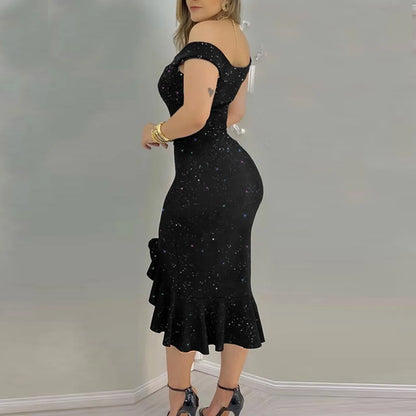 Elegant Off-Shoulder Sequin Ruffle Dress – Summer Irregular Hem Party Dress for Women