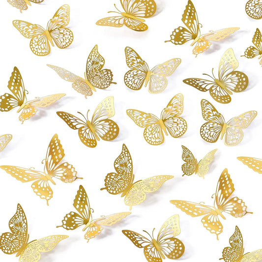 48PCS 3D Gold Butterfly Wall Stickers – Elegant Decorative Set for Birthdays, Bedrooms & Parties