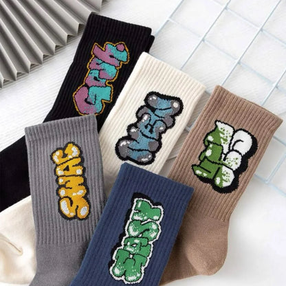 5-Pack Men's Multicolor Crew Socks – Street Style, Breathable, Moisture-Wicking