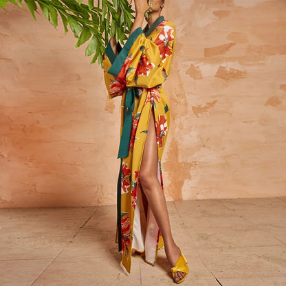 New Elegant Japanese Kimono Robe with Obi – Floral Print Silk Yukata Pajamas for Women
