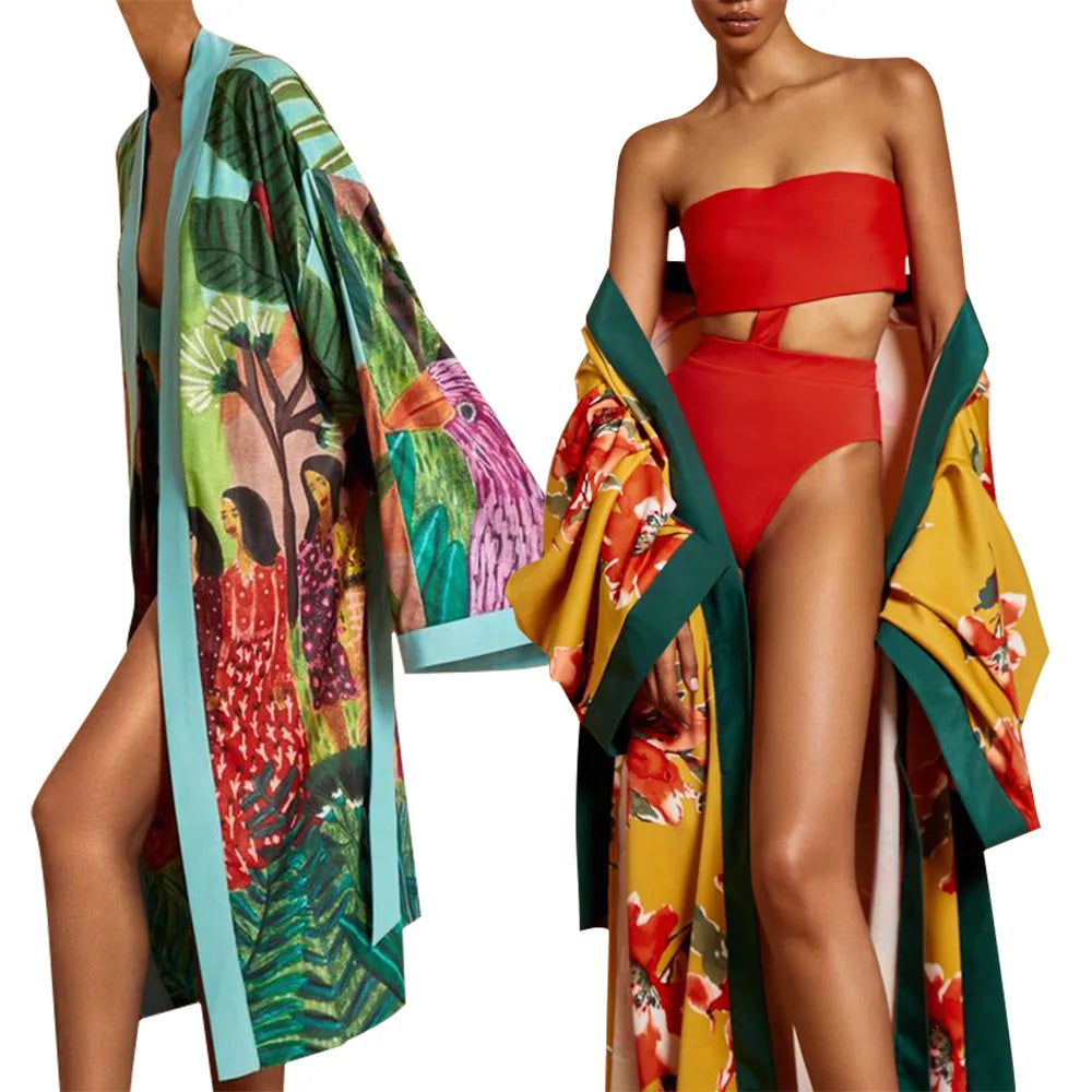 New Elegant Japanese Kimono Robe with Obi – Floral Print Silk Yukata Pajamas for Women