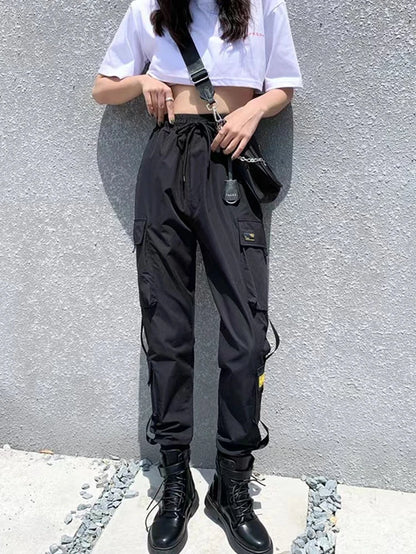 Women's Harajuku High-Waist Cargo Joggers – Punk Harem Pants with Chain & Pockets