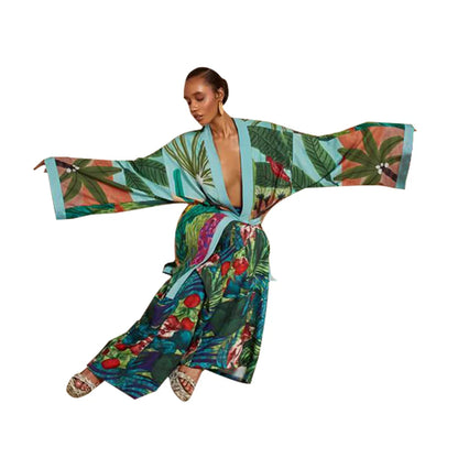 New Elegant Japanese Kimono Robe with Obi – Floral Print Silk Yukata Pajamas for Women