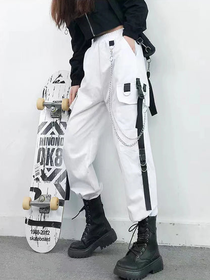 Women's Harajuku High-Waist Cargo Joggers – Punk Harem Pants with Chain & Pockets