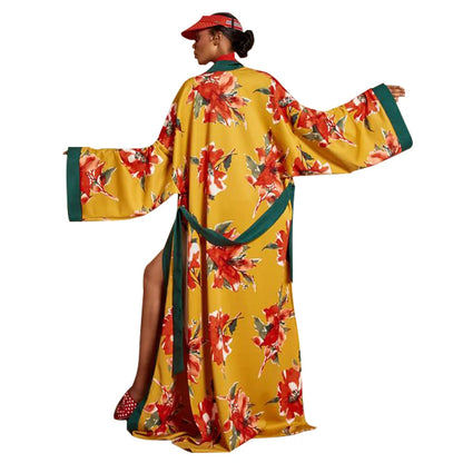 New Elegant Japanese Kimono Robe with Obi – Floral Print Silk Yukata Pajamas for Women