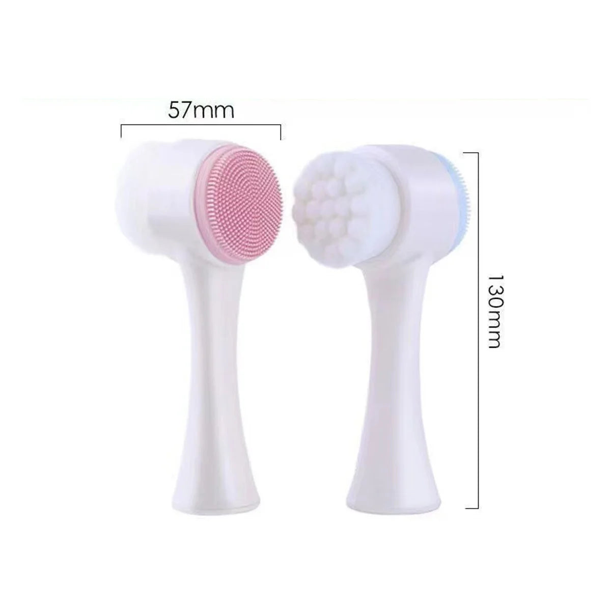 Two dual-sided silicone face brushes with bristles and massage heads, shown with dimensions 130mm height and 57mm head width – compact skincare tool by BeTrendy