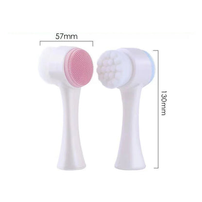 Two dual-sided silicone face brushes with bristles and massage heads, shown with dimensions 130mm height and 57mm head width – compact skincare tool by BeTrendy