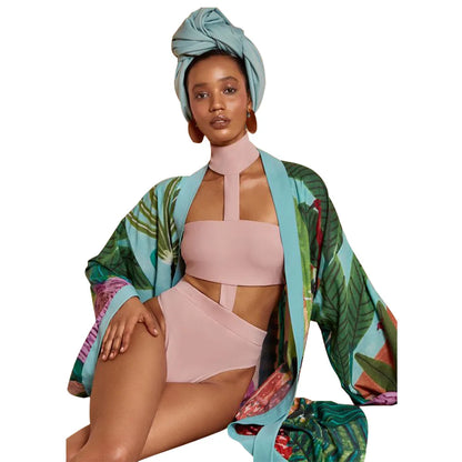 New Elegant Japanese Kimono Robe with Obi – Floral Print Silk Yukata Pajamas for Women