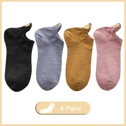 Women’s Heart Embroidered Low-Cut Cotton Socks – 4 Pairs Breathable Casual Ankle Socks