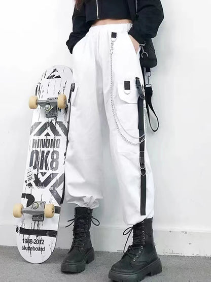 Women's Harajuku High-Waist Cargo Joggers – Punk Harem Pants with Chain & Pockets