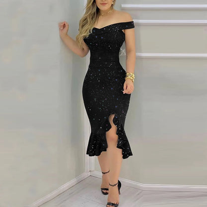 Elegant Off-Shoulder Sequin Ruffle Dress – Summer Irregular Hem Party Dress for Women