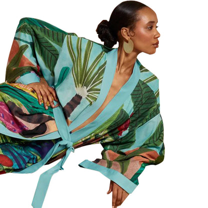New Elegant Japanese Kimono Robe with Obi – Floral Print Silk Yukata Pajamas for Women