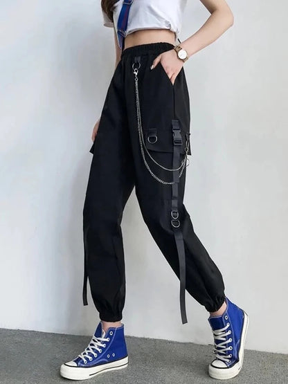 Women's Harajuku High-Waist Cargo Joggers – Punk Harem Pants with Chain & Pockets