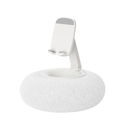 Minimalist adjustable phone stand with fluffy white donut base – clean background product mockup by BeTrendy