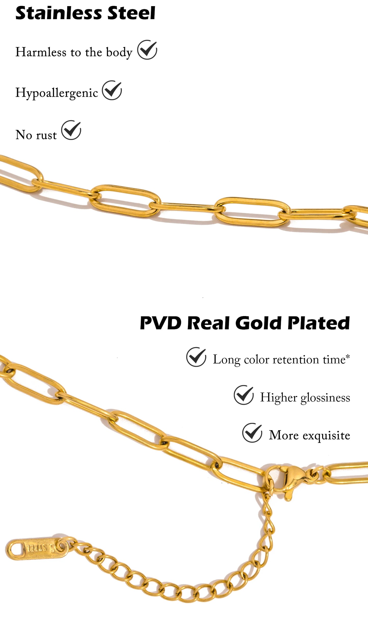Minimalist Gold Chain Necklace & Chunky Paperclip Bracelet – Waterproof Stainless Steel Jewelry Gift
