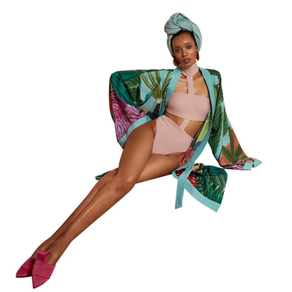 New Elegant Japanese Kimono Robe with Obi – Floral Print Silk Yukata Pajamas for Women