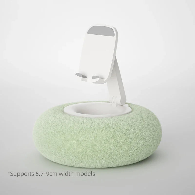White adjustable phone holder with soft green cushion base – supports 5.7 to 9cm wide devices, by BeTrendy
