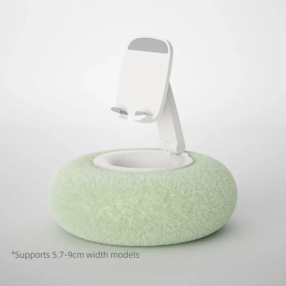 White adjustable phone holder with soft green cushion base – supports 5.7 to 9cm wide devices, by BeTrendy